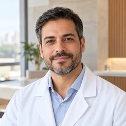 Retrato ilustrativo de médico de jaleco em um anúncio de consulta particular